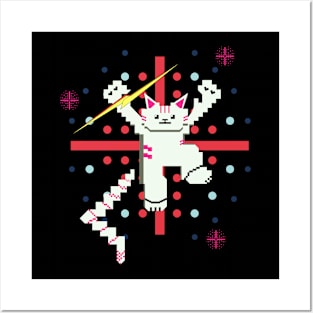 Cat Lightning Retro Gaming Snow Furr Pink Stripes Posters and Art